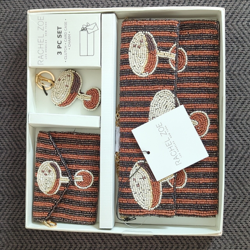Rachel Zoe Striped Espresso Martini 3 Piece Set - Clutch•Card Case•Charm